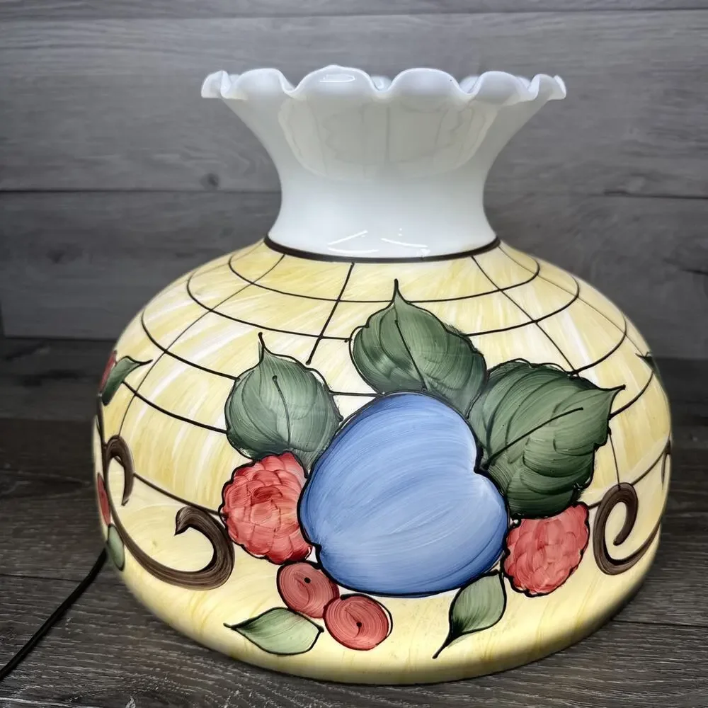 VTG Milky Glass Hand painted Hurricane Lamp Shade 14-3/4” Diameter 9-7/8”Tall